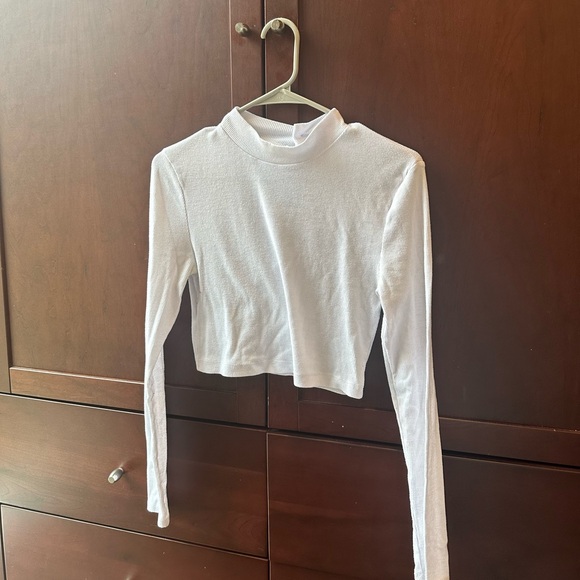 White Cropped Ribbed Longsleeve Top with a mock neckline - Picture 1 of 2